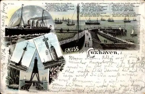 Litho Nordseebad Cuxhaven, Leuchtturm, Kugelbaake, Schiffdampfer