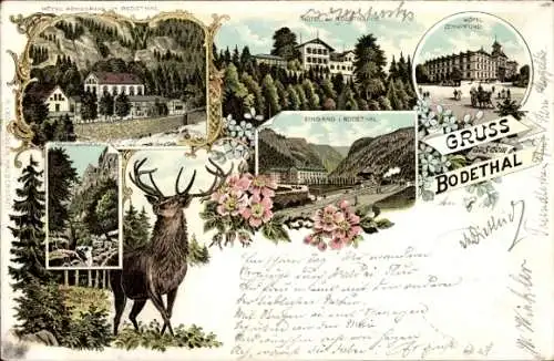 Litho Thale im Harz, Hotel zur Rosstrappe, Hotel Zehnpfund, Teufelsbrücke, Hexentanzplatz, Hirsch