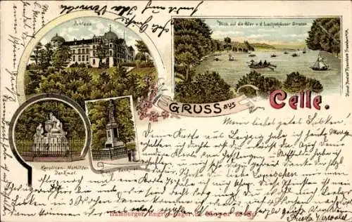 Ak Celle in Niedersachsen, Schloss, Karolinen-Denkmal, Blick auf die Aller,  aus Celle