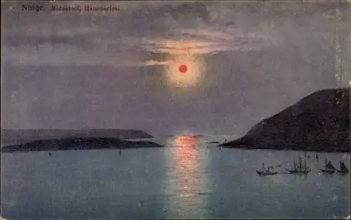 Ak Hammerfest Norwegen, Sonnenuntergang, Meer, Schiffe, Küstenlinie, ruhige Wasseroberfläche