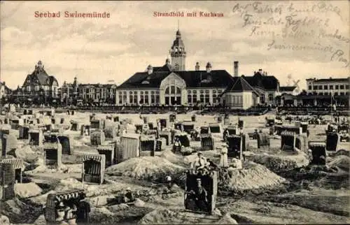 Ak Świnoujście Swinemünde Pommern, Seebad  Kurhaus, Strandkörbe, Meeresblick