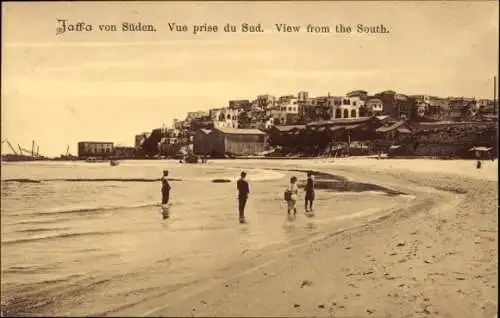 Ak Tel Aviv Jaffa Israel, Jaffa von Süden, Strandblick,  Gebäude, ruhige Küstenlandschaft