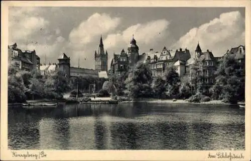Ak Kaliningrad Königsberg Ostpreußen, Landschaftsbild, See,  Gebäude, Wolken, Wasser