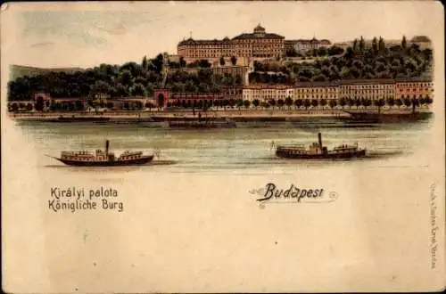 Ak Budapest Ungarn, Königliche Burg, mehrere Schiffe, farbige Illustration