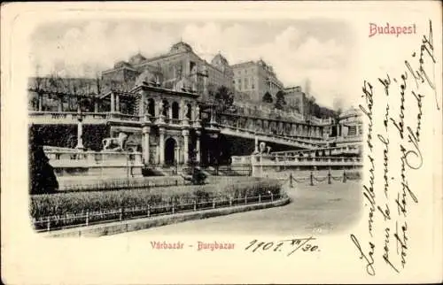 Ak Budapest Ungarn, Historisches Gebäude, Gartenanordnung, Architektur, Várbazár, Burgbazar