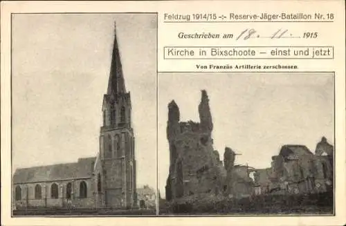 Ak Bixschoote Langemark Poelkapelle Westflandern, Kirche in  einst und jetzt, Artillerieschaden