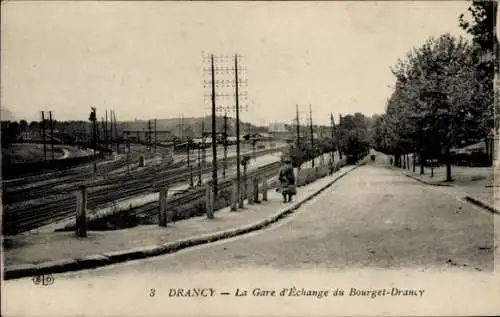 Ak Drancy Seine Saint Denis, Gare d'Echange, Bahngleise, Straße, Bäume, Spaziergänger
