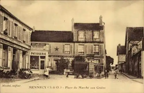 Ak Mennecy Essonne, Vorderseite der , Stadtansicht, Geschäfte, Geschäfte, Patisserie, Hotel