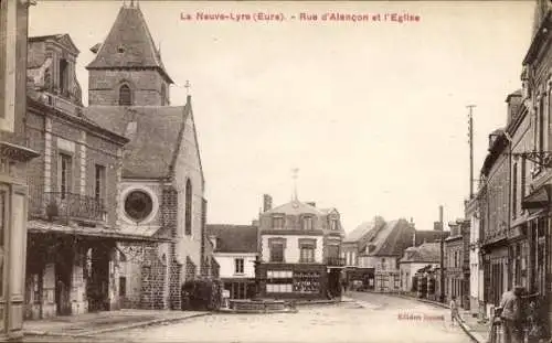 Ak La Neuve Lyre Eure, Rue d'Alencon, Kirche