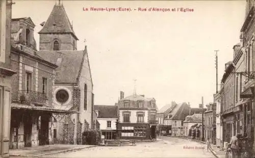 Ak La Neuve Lyre Eure, Rue d'Alençon, Kirche