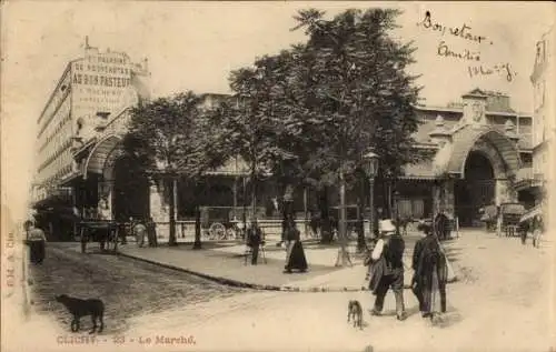 Ak Clichy Hauts de Seine, Marktstraße mit Menschen und Hunden,  Architektur im Hintergrund