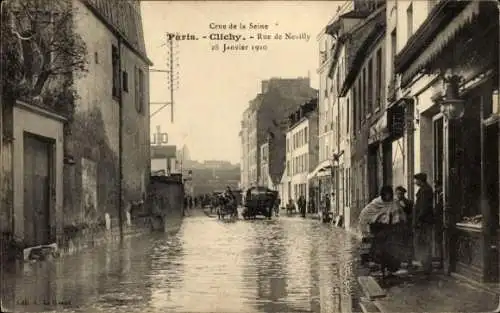 Ak Clichy Hauts de Seine, Rue de Neuilly, Hochwasser 1910
