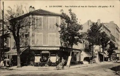 Ak La Garenne Colombes Hauts de Seine, 4.  Rue Voltaire und Rue de Sartoris, Café, Gebäude