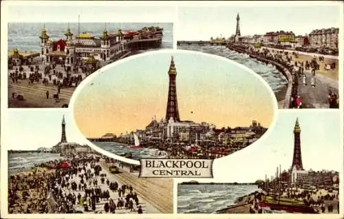 Ak Blackpool Lancashire England, Viel Verkehr, Central Pier, Bis zum Meer, Schwarz-Weiß und Farbd