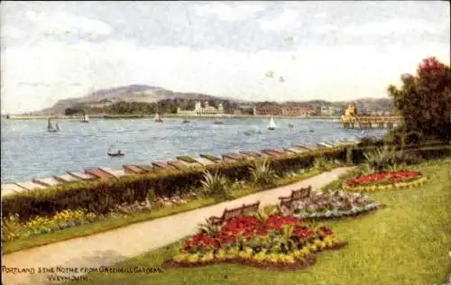 Ak Weymouth South West England, Blick auf Portland, Seenlandschaft, Boote, Gärten, Blumenbeete