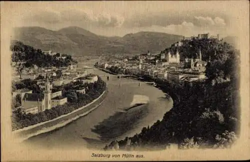 Ak Salzburg in Österreich, Stadtansicht von  Fluss, Berge,  Architektur
