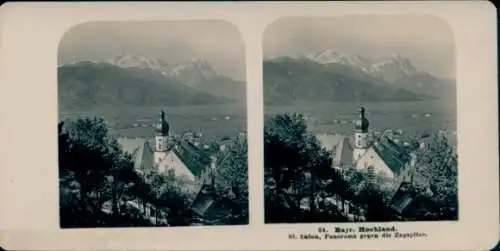 Stereo Foto Mittenwald in Oberbayern, Wallfahrtskirche St. Anton, Zugspitze, Bayrisches Hochland