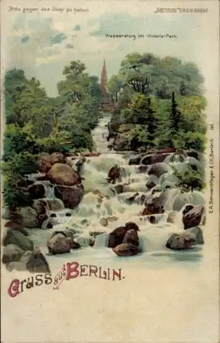 Ak Berlin Kreuzberg , Wasserfall im Victoria-Park, bunte Farben, stilisierte Landschaft