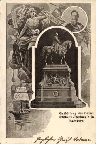 Ak Hamburg Mitte St. Pauli, Fernsehturm, Enthüllung des Kaiser Wilhelm-Denkmals, Statue, Hafen, S