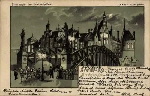 Ak Hamburg Mitte Altstadt, Meßberg, Messberg, Nachtansicht der Brooksbrücke, beleuchtet,  Archite