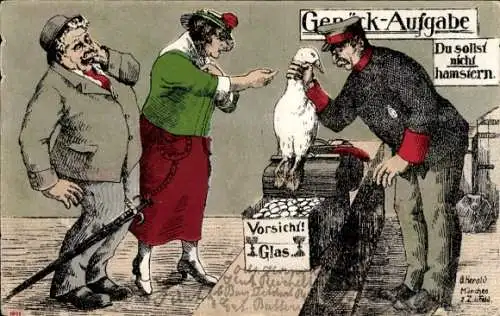 Künstler Ak Gepäck-Aufgabe, Du sollst nicht hamstern, Gans im Gepäck, Eier