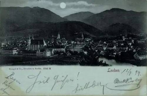 Ak Leoben Steiermark, Stadtansicht, Berge, Mond, dunkel, historisch, Stempel