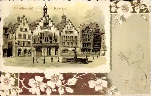 Präge Litho Frankfurt am Main, Römer, Rathaus, Brunnen, Blumen