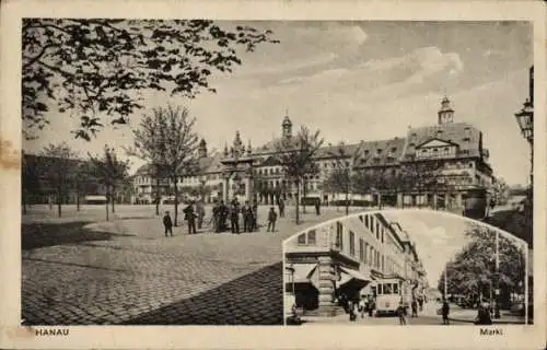 Ak Hanau am Main, Historische Marktansicht, Gebäude, Straßenbahn, Bäume