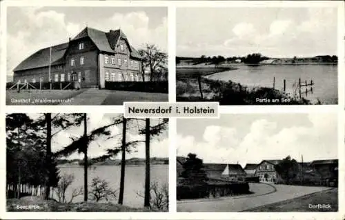 Ak Neversdorf in Holstein, Gasthof Waidmannsruh, Partie am See, Seepartie, Dorfblick