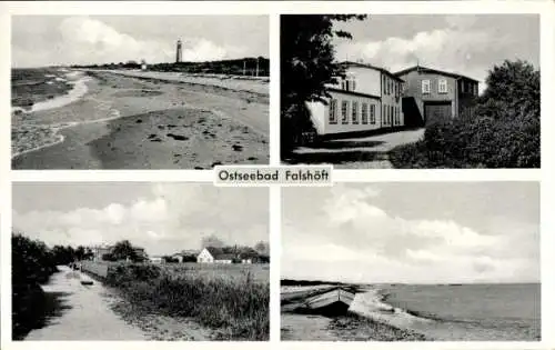 Ak Falshöft Nieby an der Ostsee, Strand, Leuchtturm, Gebäude, Fischkuttersicht