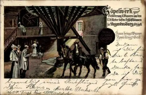 Ak Augustusburg im Erzgebirge, Historische Szene mit Wassertreppe, Pferd und Personen, 19. Jahrhu