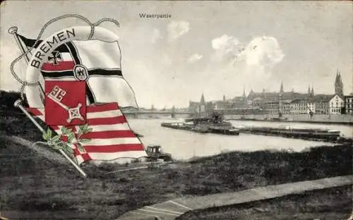Wappen Ak Bremen, Gesamtansicht, Weser, Fahnen