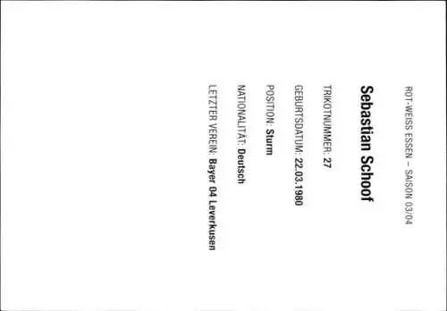 Autogrammkarte Fußballer Sebastian Schoof, Rot Weiss Essen, Autogramm