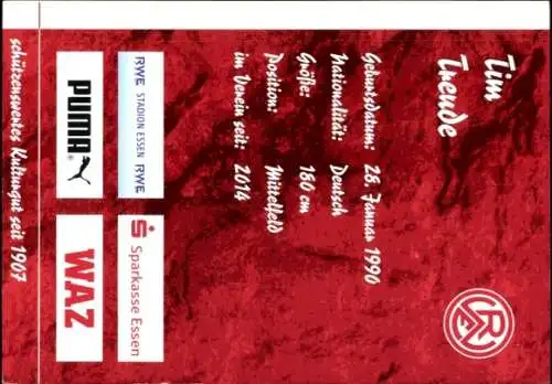 Autogrammkarte Fußballer Tim Treude, Rot Weiss Essen, Autogramm