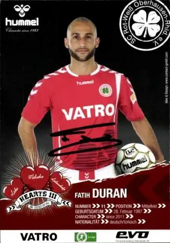 Autogrammkarte Fußballer Fatih Duran, Rot-Weiss Oberhausen, Autogramm