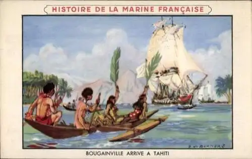 Künstler Ak Tahiti Océanie, Bougainville Arrive, Marine Francaise