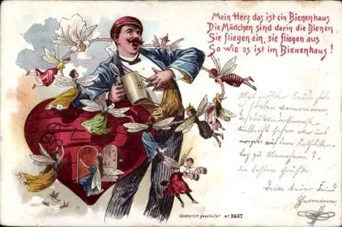 Litho Mein Herz das ist ein Bienenhaus, die Mädchen sind darin die Bienen, Student, Bierkrug