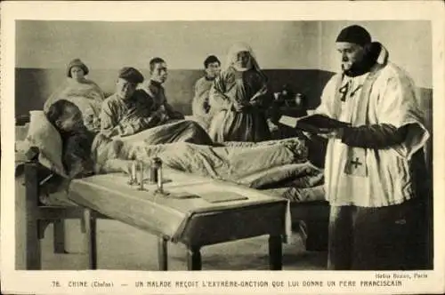Ak Chefoo Yantai China, Un malade recoit l'extreme onction, Pere franciscain, Franziskaner, Kranker