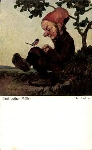 Künstler Ak Müller, Paul Lothar, Der Lehrer, Zwerg, Vogel