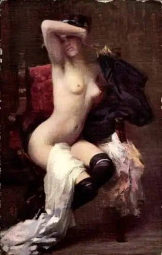 Künstler Ak Gallelli, M., Premiere pose, Aktmalerei, Strümpfe, Nachthemd