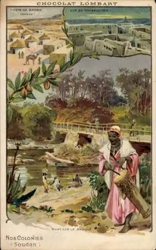 Litho Timbuktu Mali, Soudan, Pont sur le Baoulé, Poste de Bamba, Chocolat Lombart