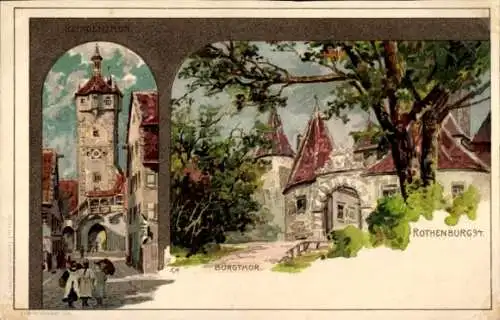 Künstler Litho Rothenburg o. T., Blick auf das Burgtor und das Klingentor