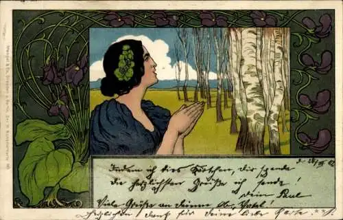 Jugendstil Künstler Ak Frauenbildnis, Birken