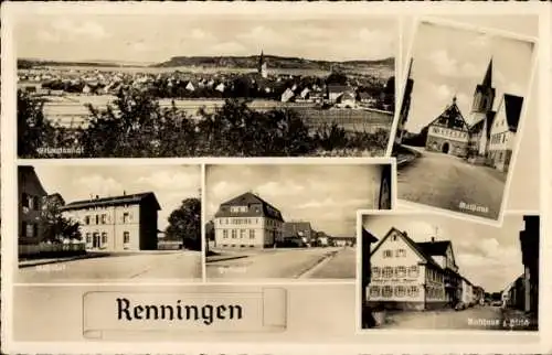 Ak Renningen, Panoramablick, Rathaus, Gasthaus zum Hirsch, Postamt, Bahnhof