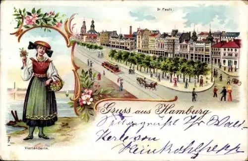 Litho Hamburg Mitte St. Pauli, Vierländerin, Straßenpartie