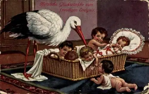Künstler Ak Thiele, Arthur, Storch mit Babys