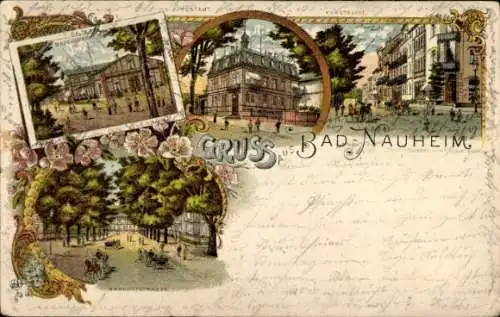 Litho Bad Nauheim in Hessen, Badehaus, Post, Bahnhofstraße