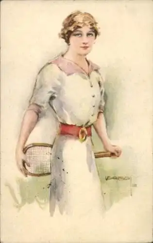 Künstler Ak Usabal, Frau mit Tennisschläger, Weißes Kleid