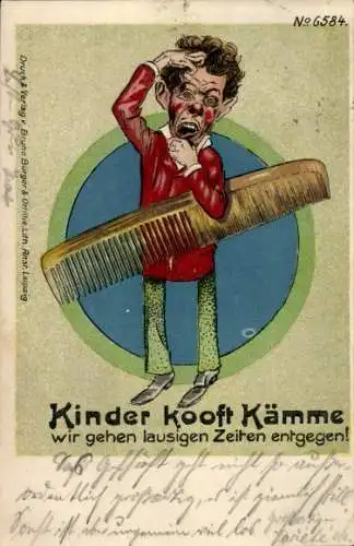 Litho Kinder kooft Kämme, wir gehen lausigen Zeiten entgegen, Bruno Bürger 6584