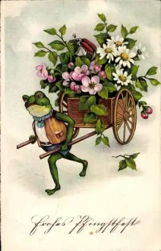 Ak Glückwunsch Pfingsten, Frosch, Schubkarre, Blumen